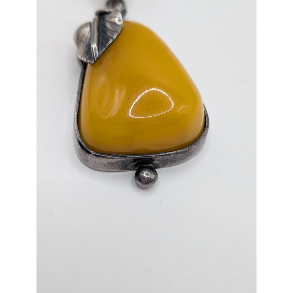 Art Nouveau Sterling Silver Butterscotch Egg Yolk Amber Pendant Leaf Pear Shaped - Picture 2 of 13